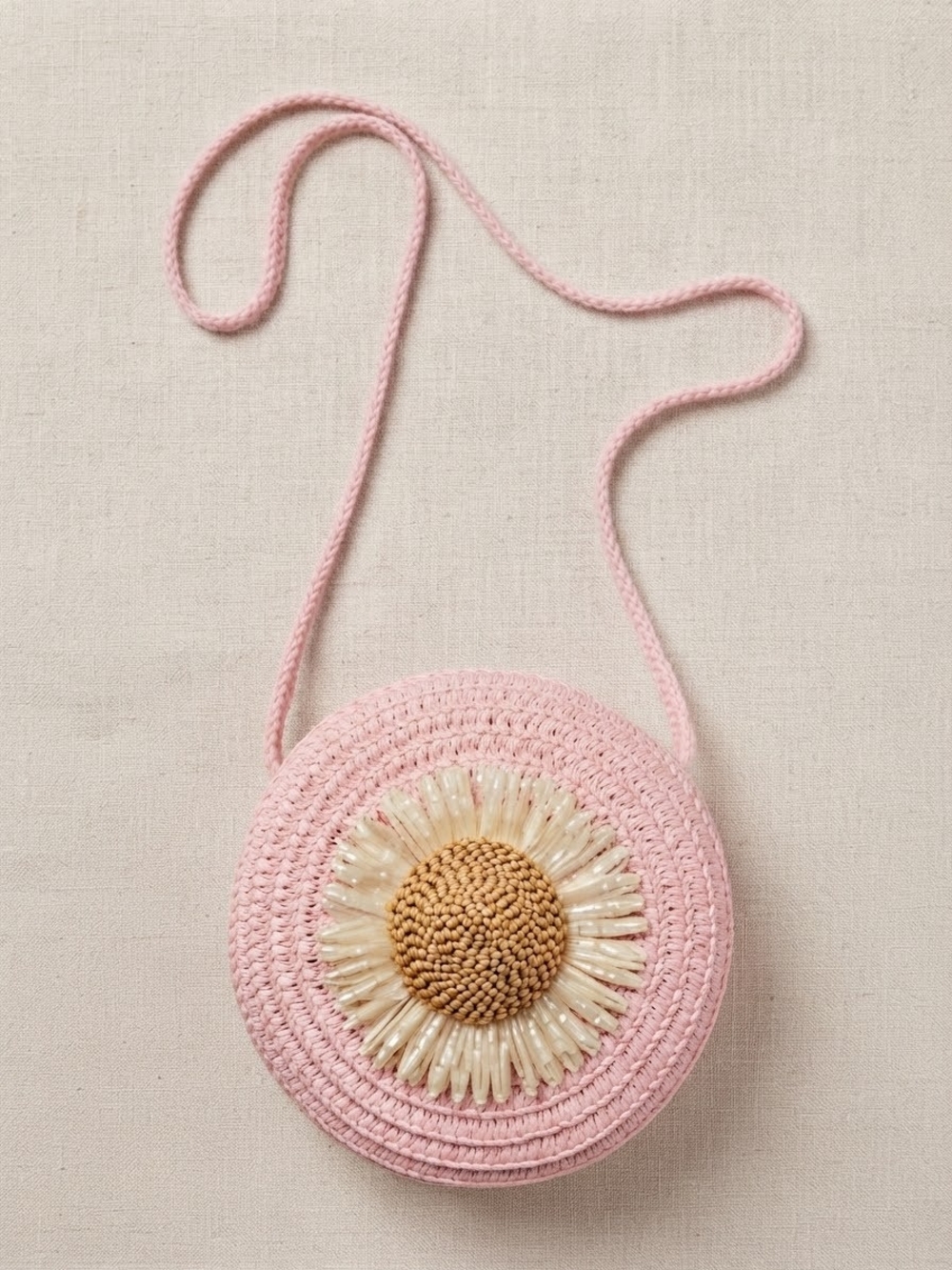 Crochet Daisy Round Crossbody Bag in Pink